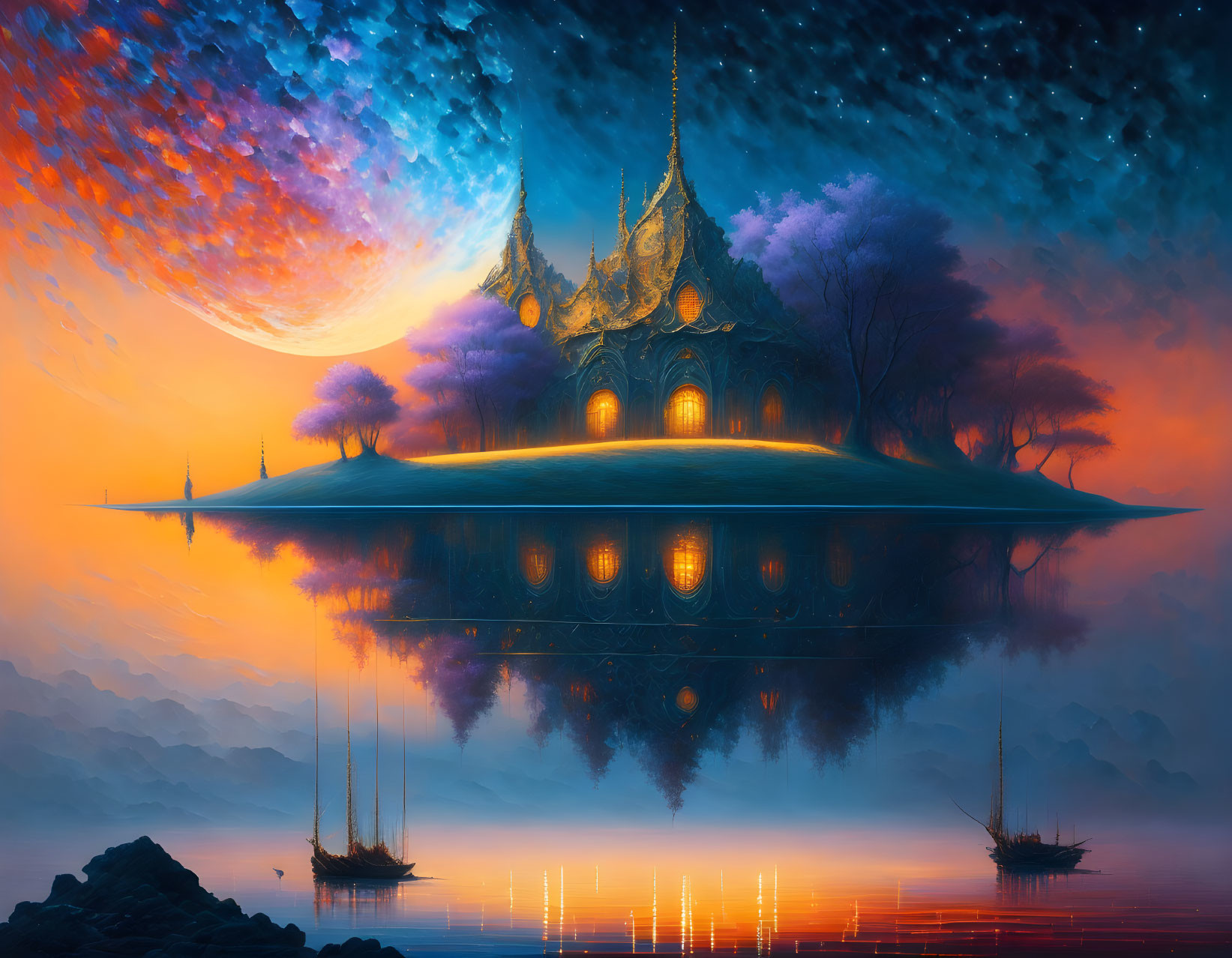 Fantasy landscape with glowing temple, sailing ships, and starry sky gradient