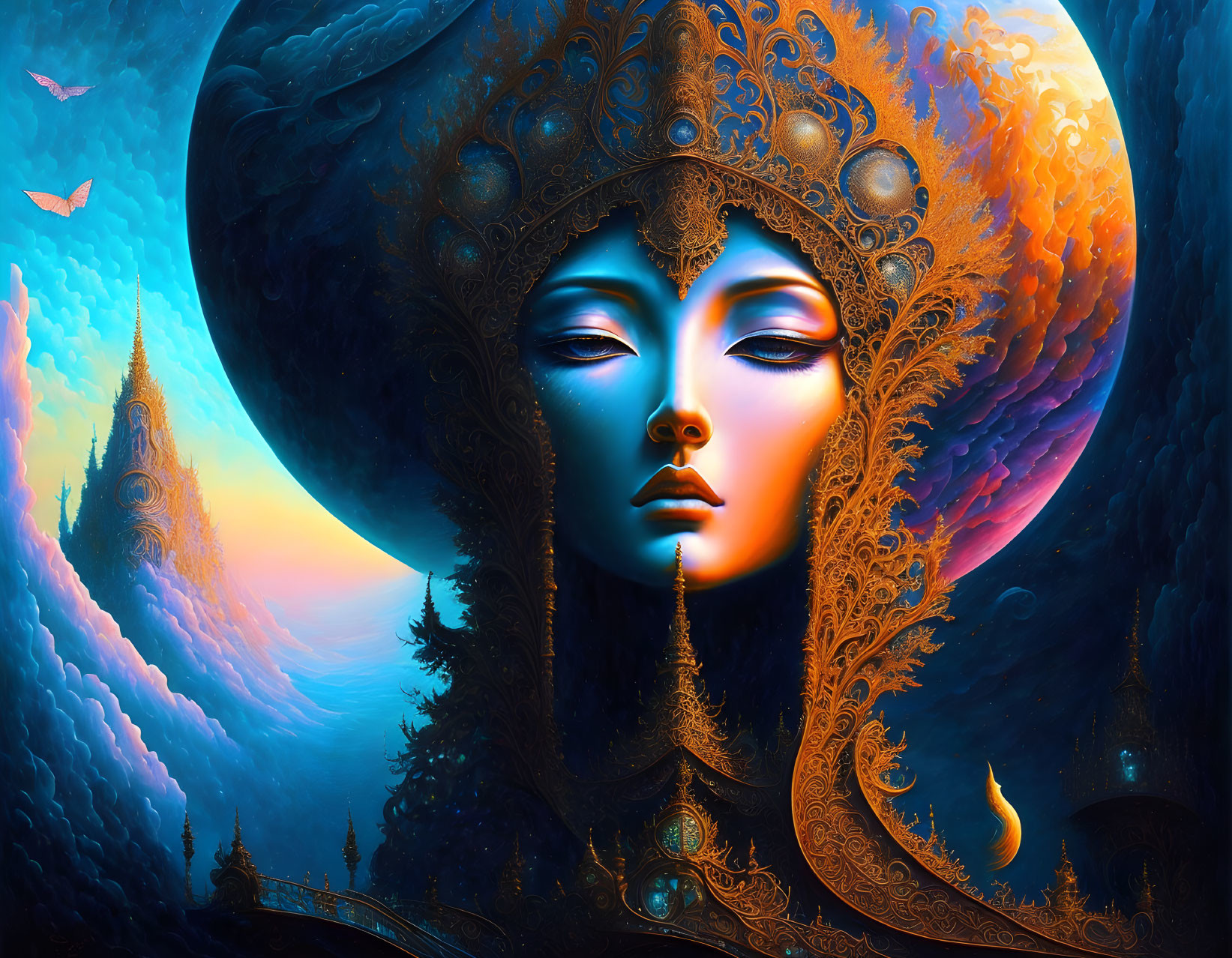 Colorful Surrealist Artwork: Female Figure with Ornate Headdress in Fantastical Sunset Landscape