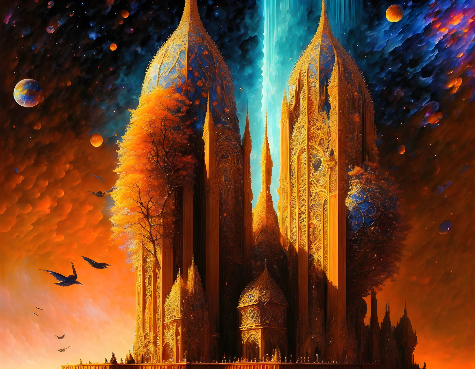 Fantasy landscape with golden spires in cosmic sky