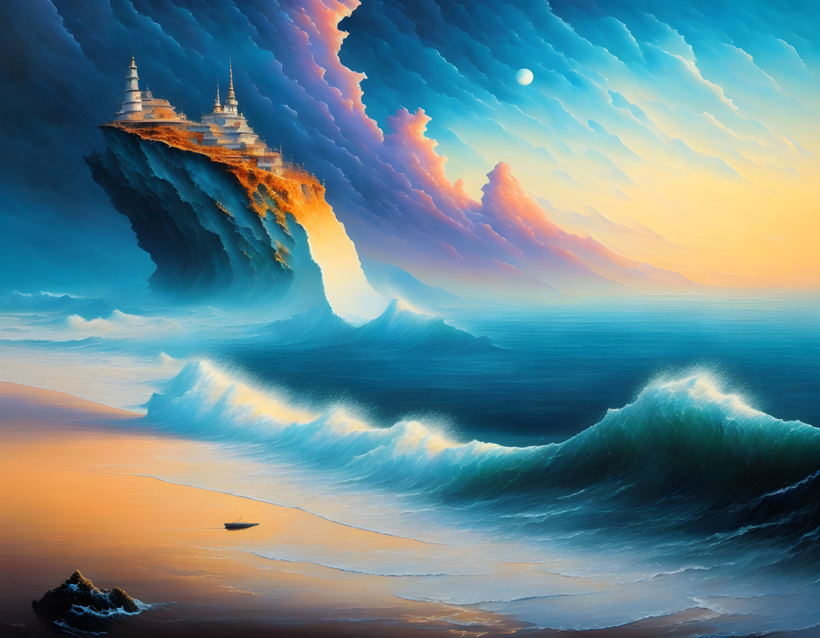 Colorful Fantasy Seascape with Floating Island and Towers in Dynamic Sky