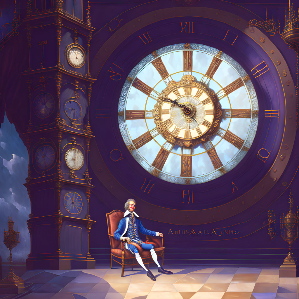 Illustrated man in historical attire by ornate grand clock in room with cloudy sky