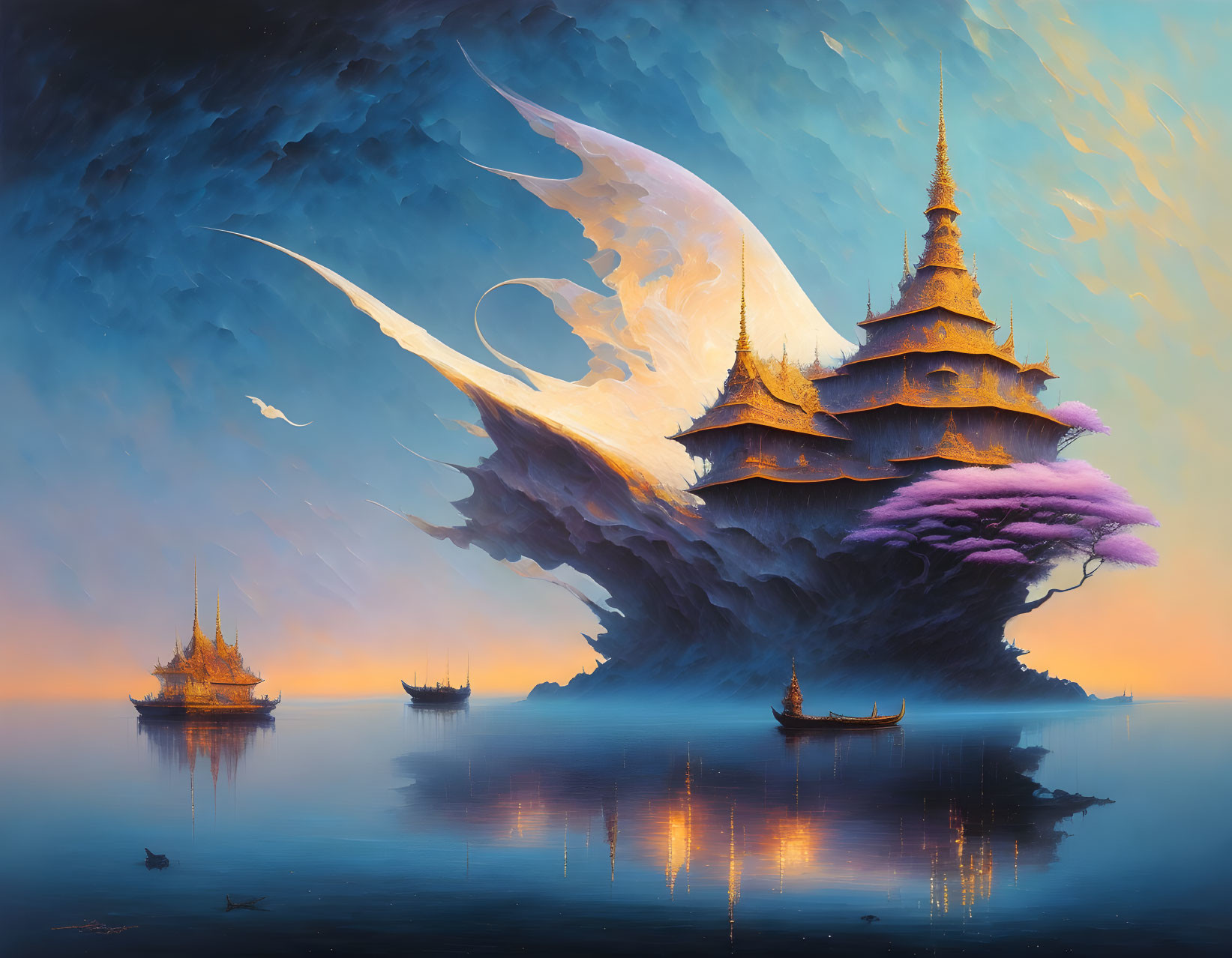 Fantasy scene: Asian-style pagodas on rock formation at dusk