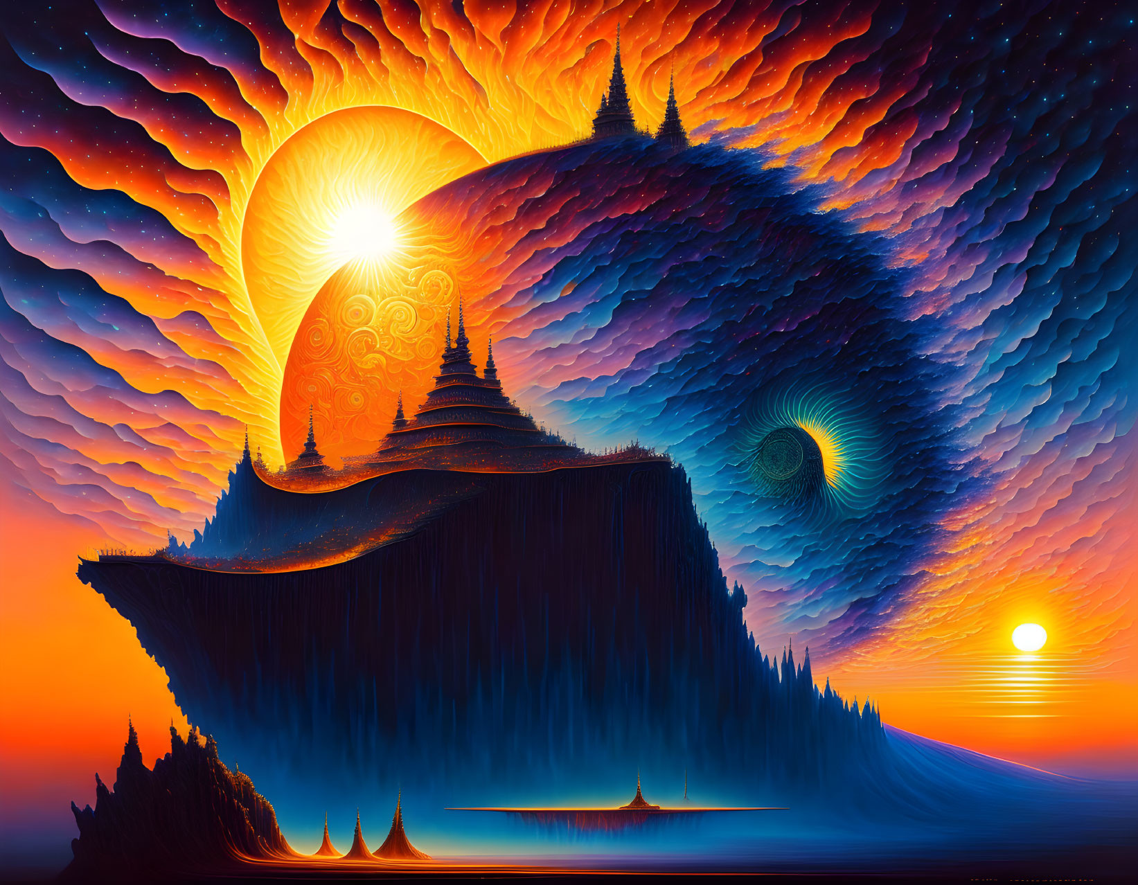 Surreal landscape with colorful clouds, sun, hills, temple, and Fibonacci spiral sky