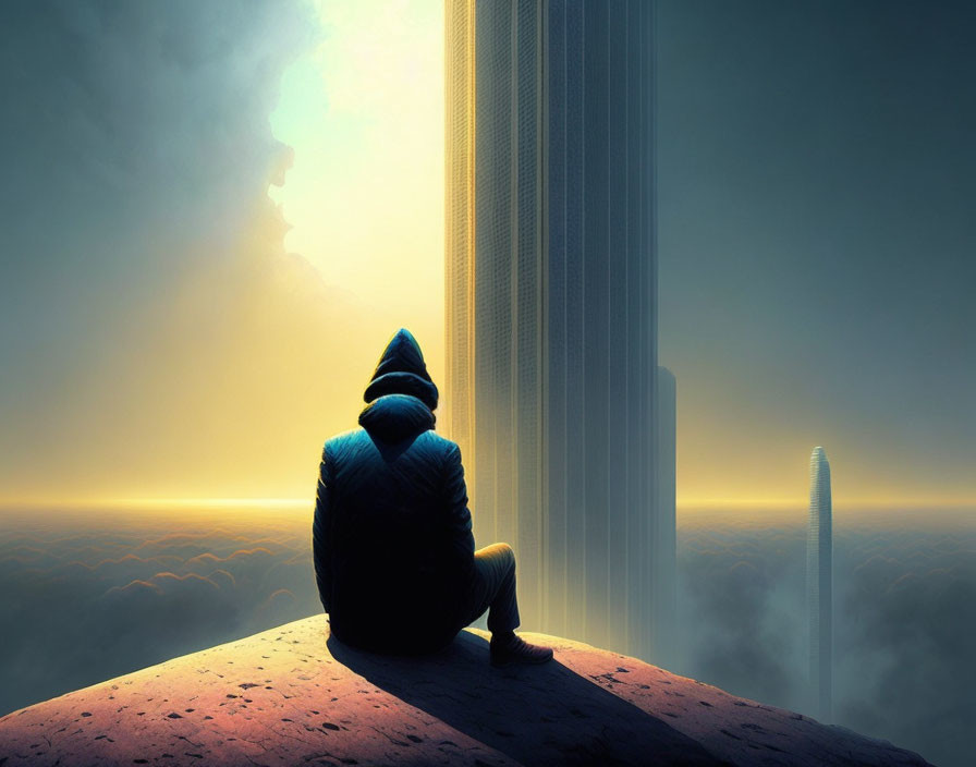 Person in Hoodie Overlooking Sunset Cliff with Surreal Cityscape