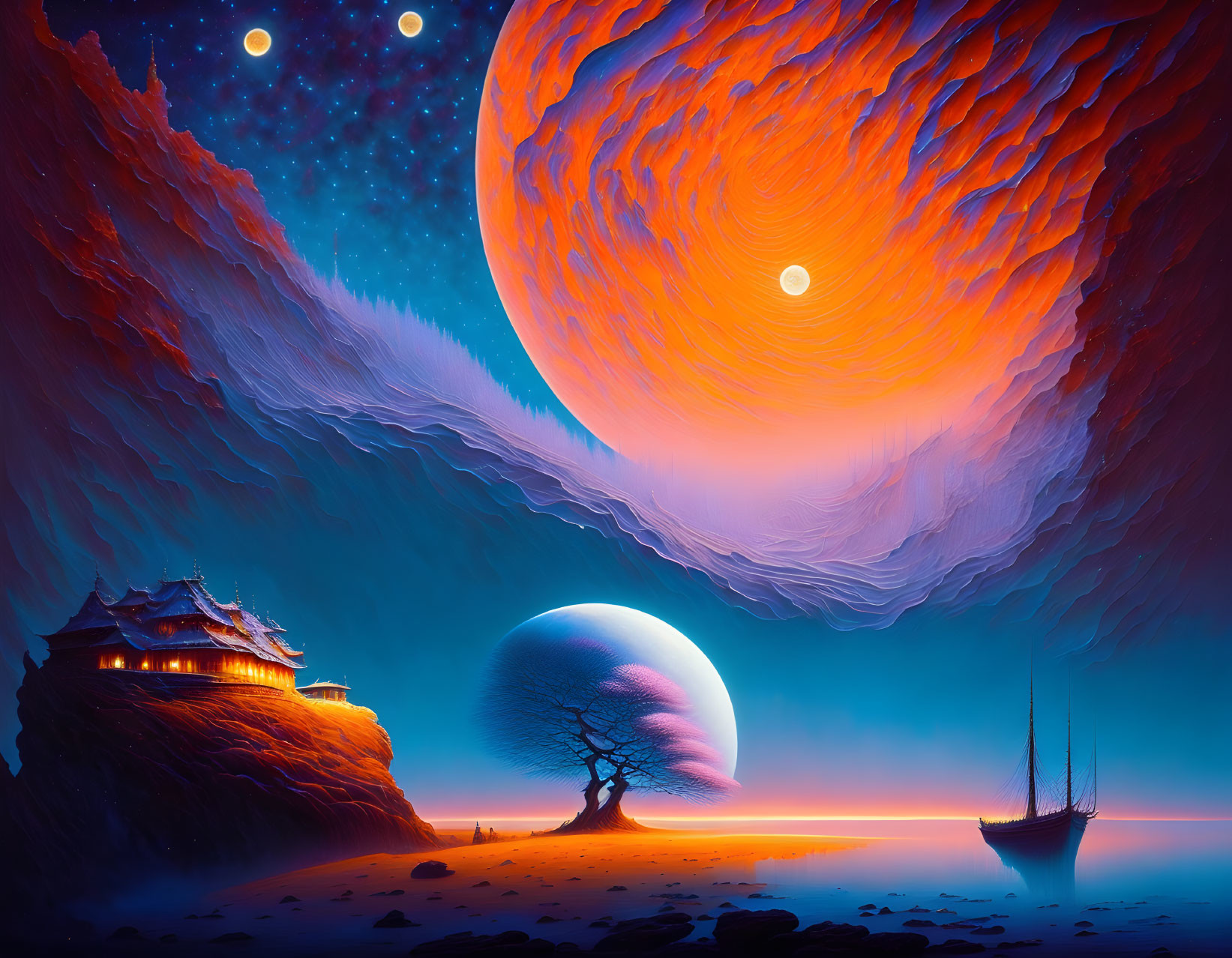 Colorful sci-fi scene: orange planet, pagoda, lone tree, ship, twilight sky.