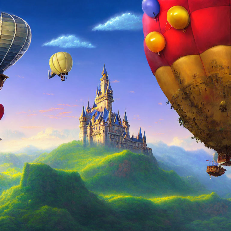 Castle on lush green hilltop with colorful hot air balloons