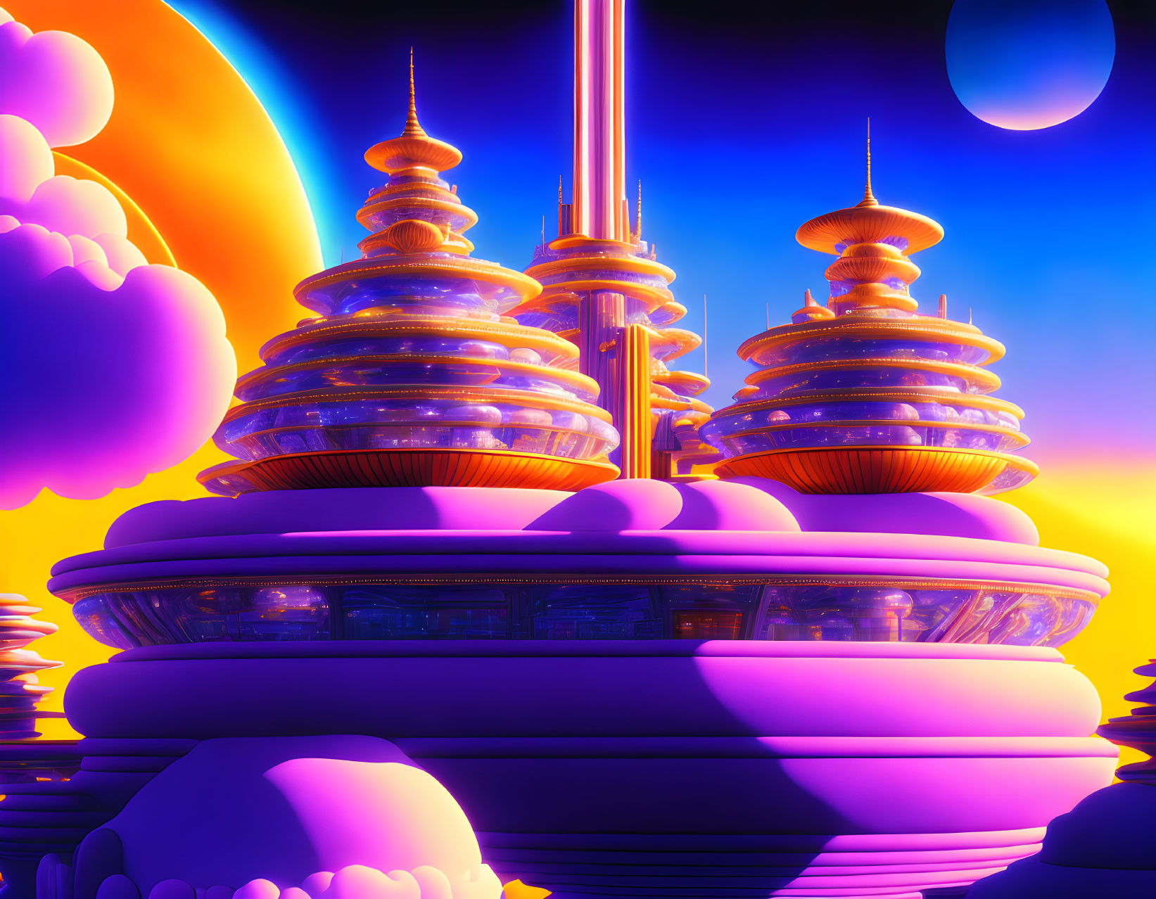 Futuristic cityscape with vibrant purple and orange hues