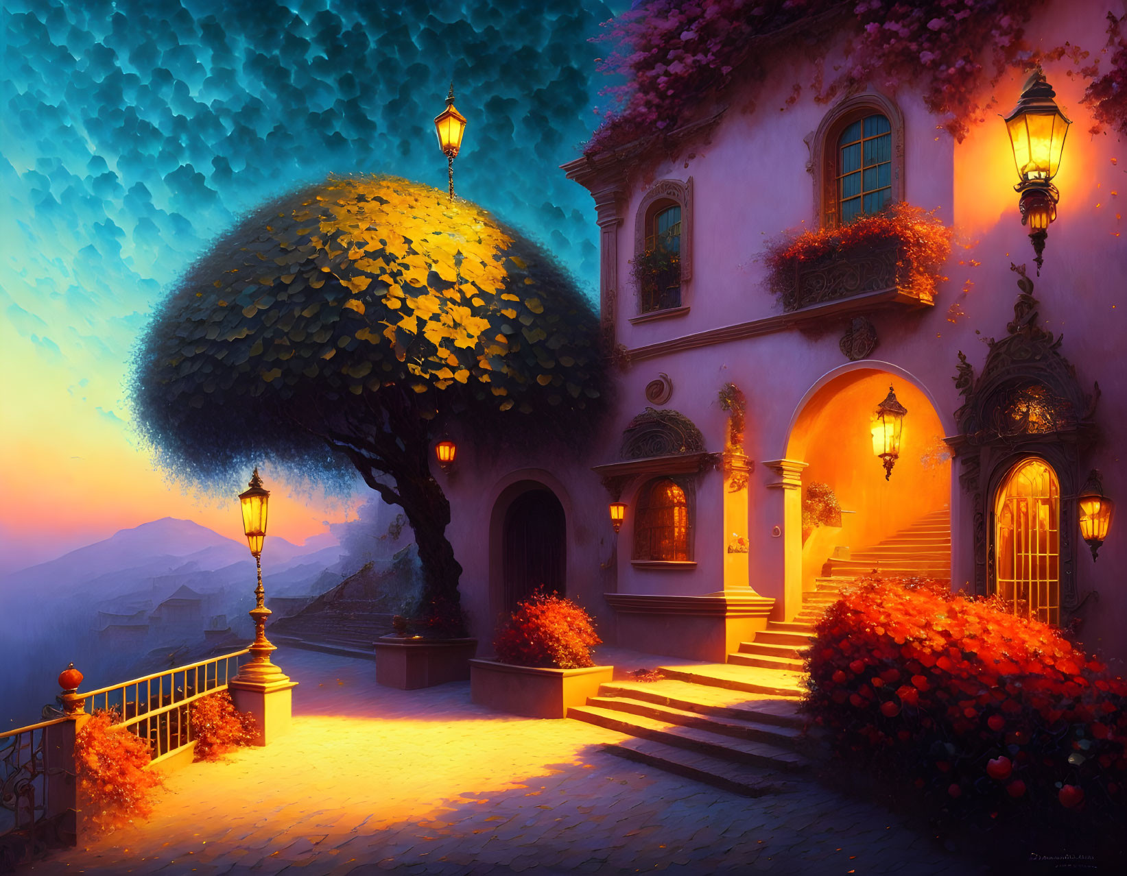 Digital artwork of cozy house with warm lighting and lush plants at night