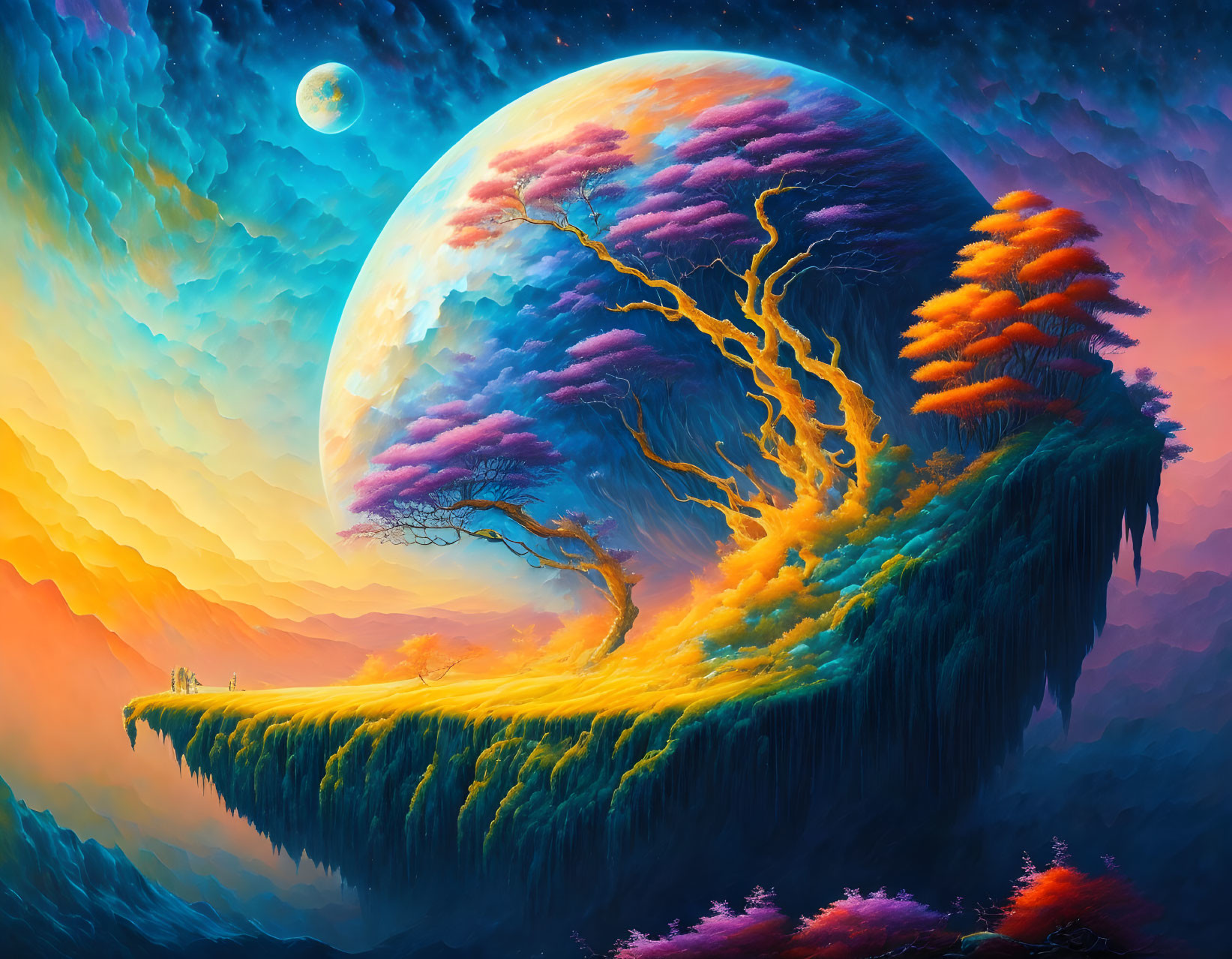 Colorful Skies and Surreal Trees in Vibrant Fantasy Landscape