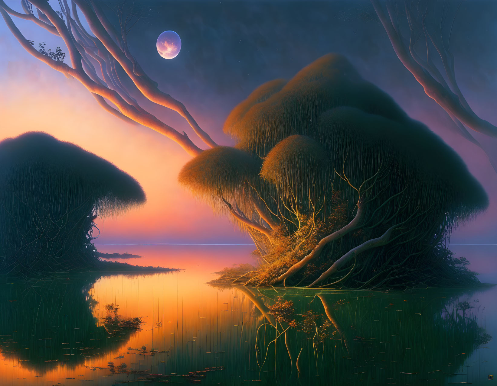 Moonlit Fantasy Landscape with Oversized Trees and Still Water