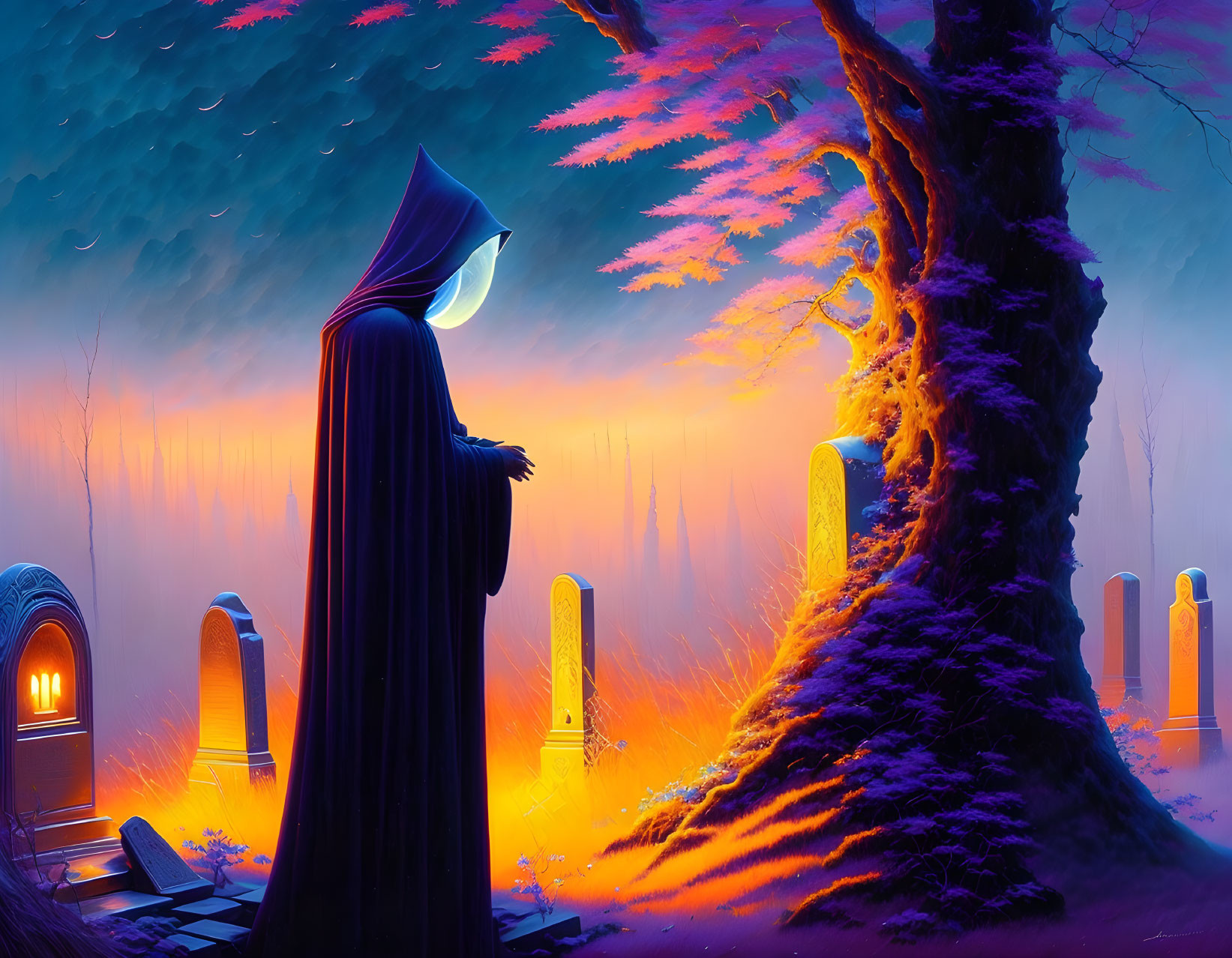 Mystical graveyard scene with cloaked figure and glowing tombstones