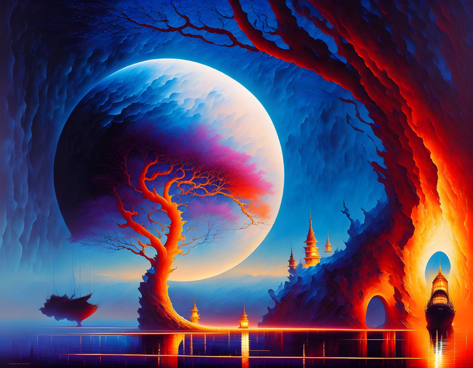 Fantasy landscape with moon, red tree, ship, temples, water, fiery cave