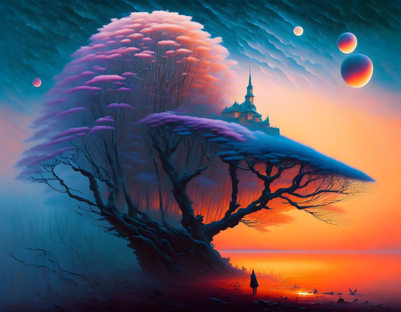 Surreal landscape with giant tree, castle, planets, and lone figure