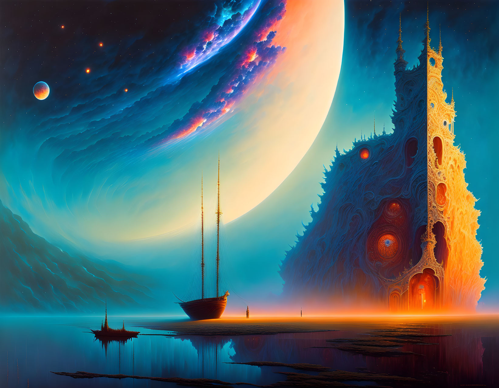 Alien structure in vibrant sci-fi landscape with sailing ship and celestial bodies