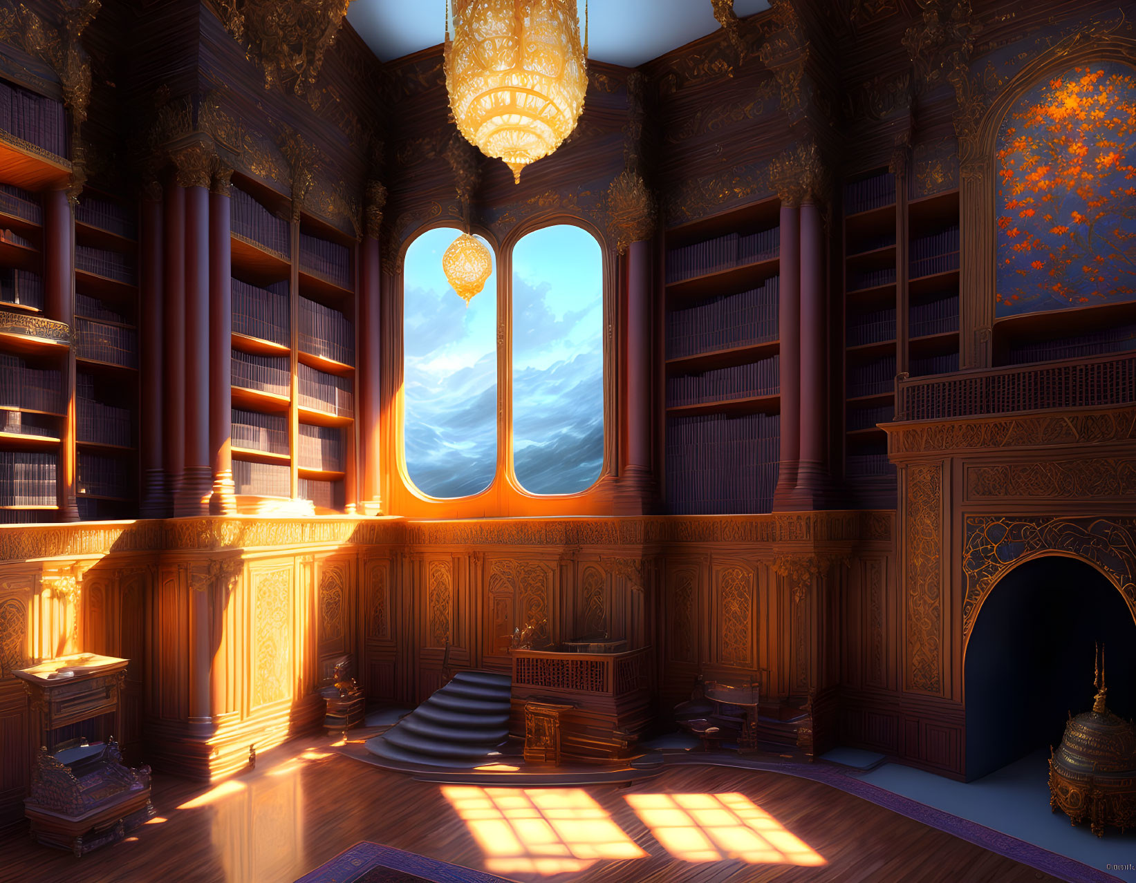 Luxurious library with wooden panels, golden designs, chandelier, fireplace, and window view.