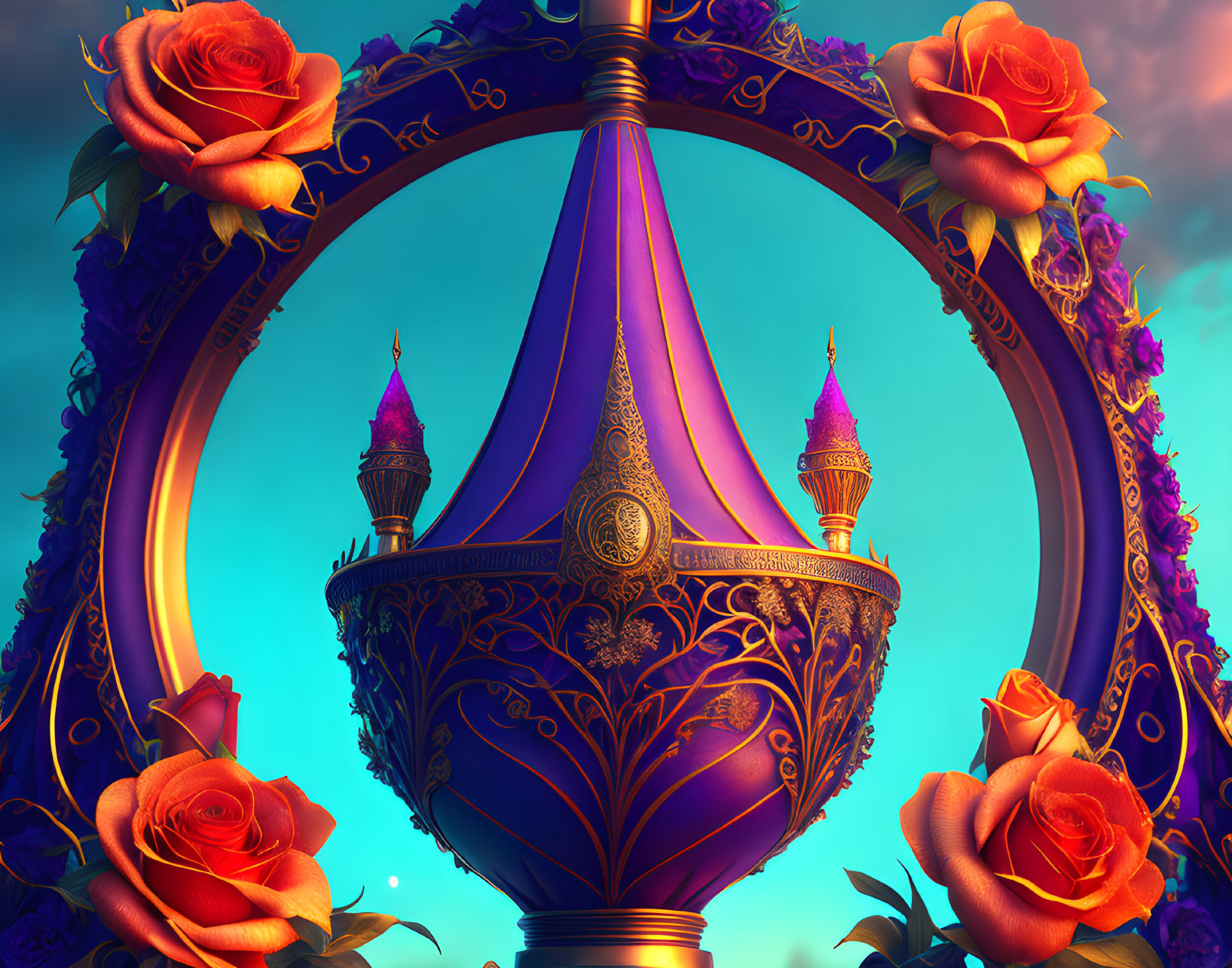 Ornate lamp with intricate patterns and roses against dreamy sky