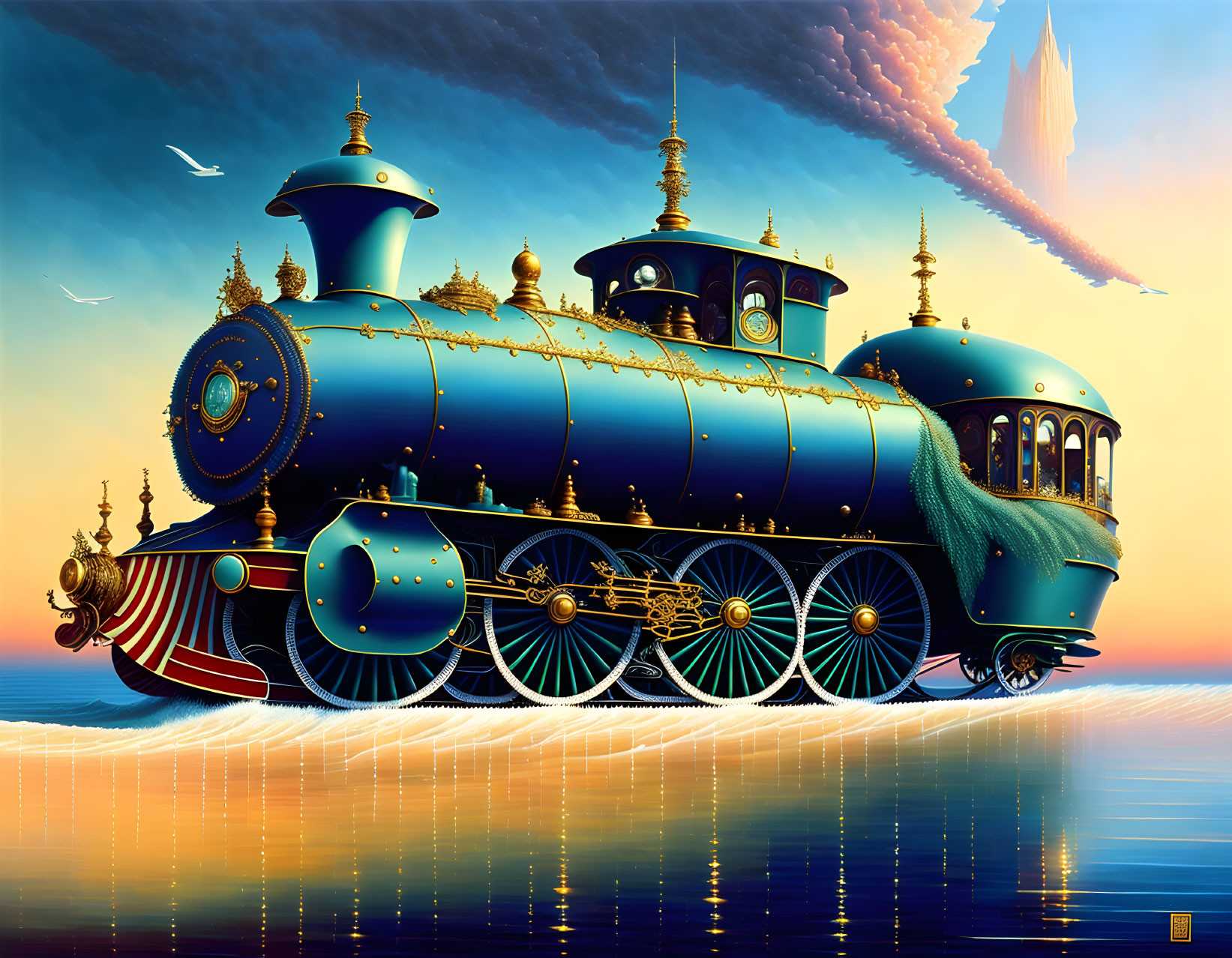 Blue and gold ornate steam train on shimmering surface near distant castle