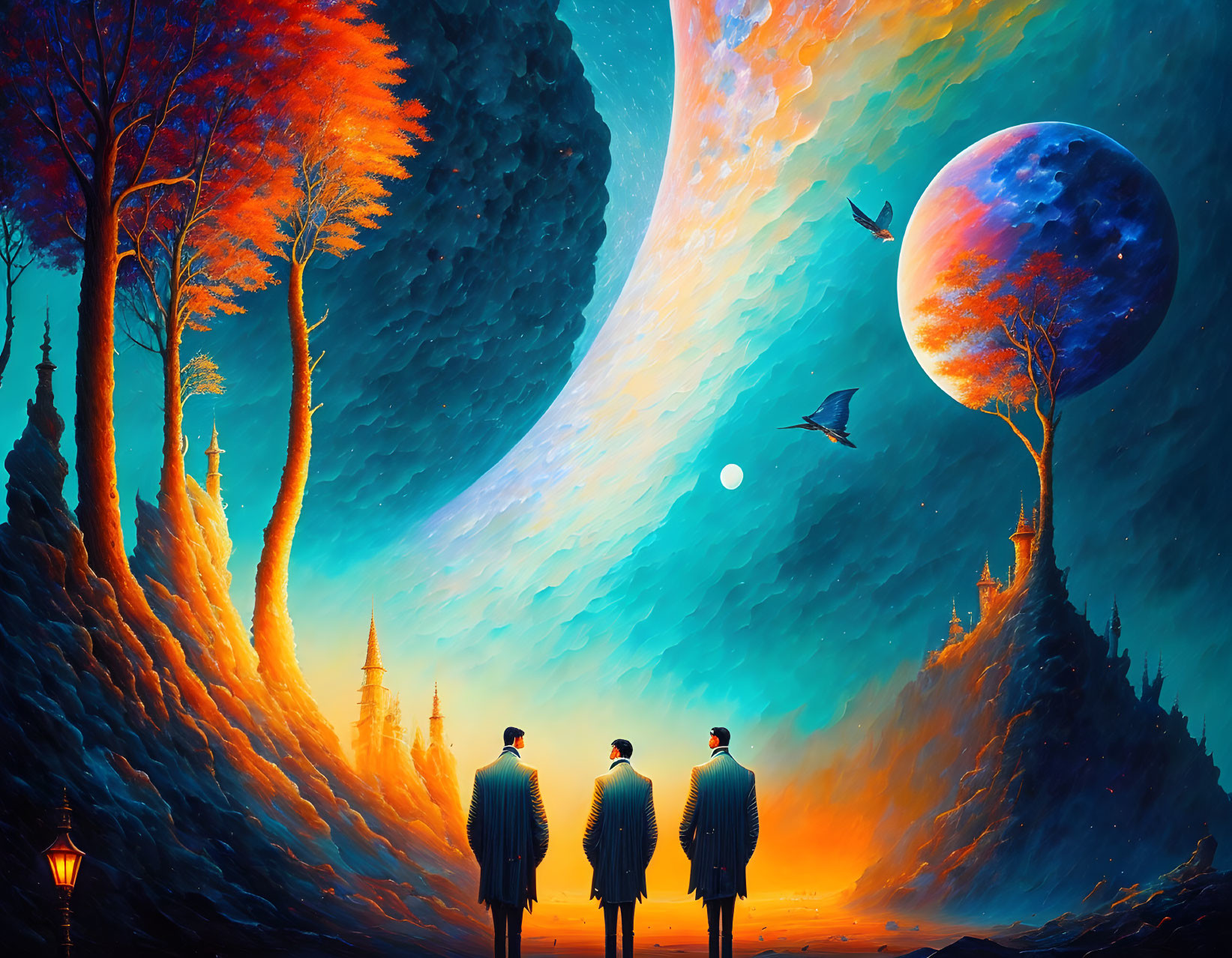 Three figures in surreal landscape with vibrant trees and two moons