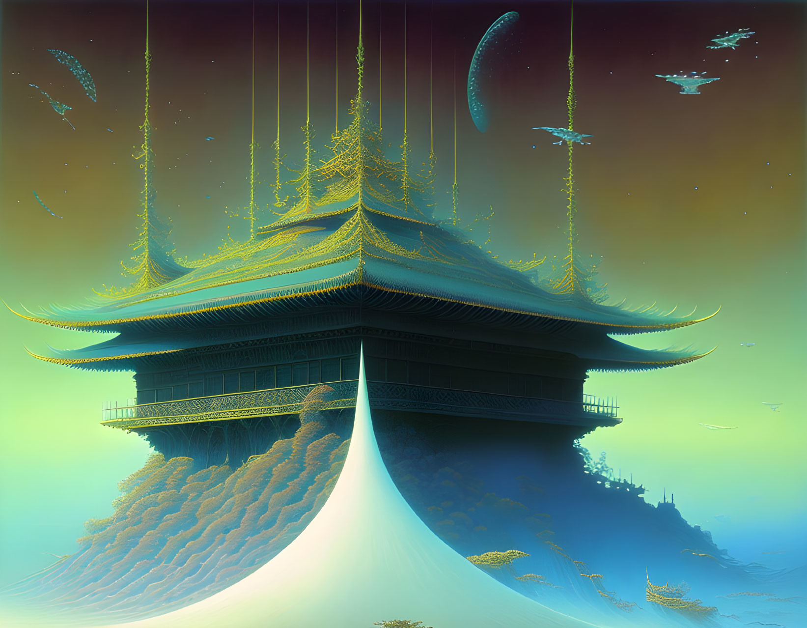 Pagoda on Mountain Peak with Waterfalls and Floating Islands