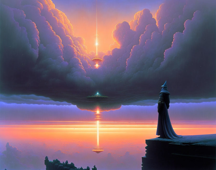 Robed figure on cliff gazes at UFO over reflective water