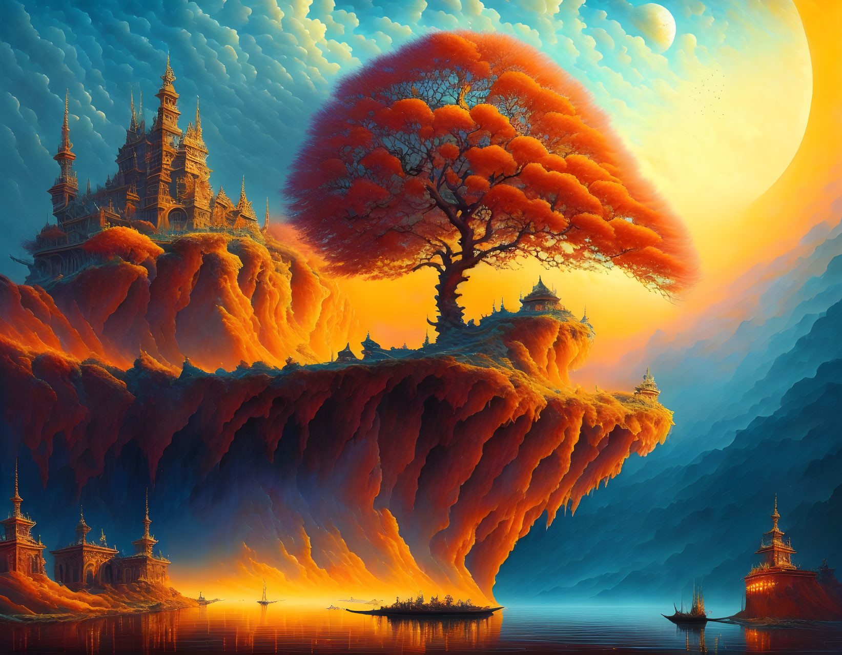 Vibrant red tree on floating island with Eastern architecture, mountains, boats, and large moon.