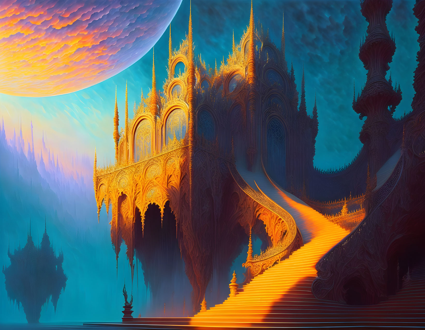 Intricate golden architecture on fantastical alien landscape