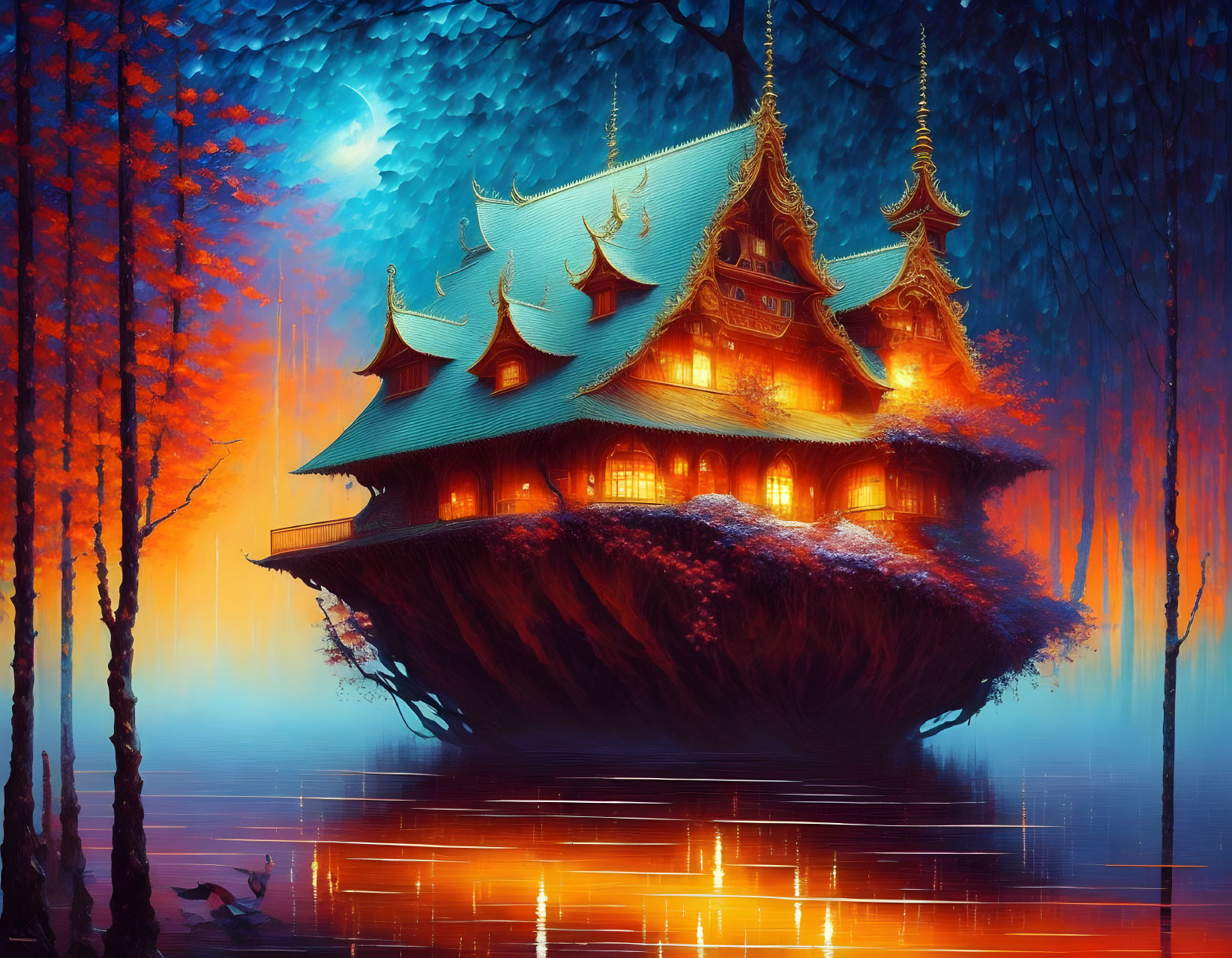 Floating temple in autumn forest with lit windows under night sky