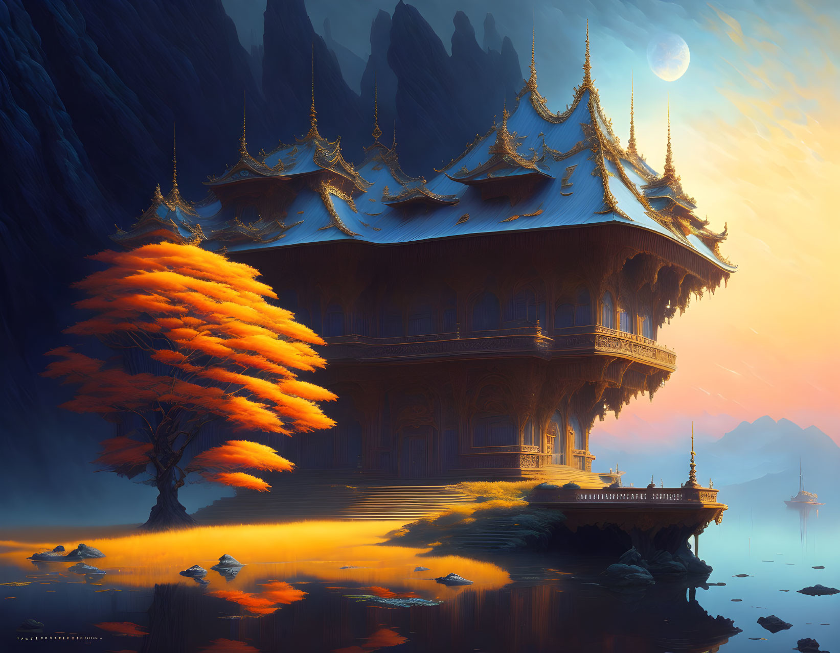 Traditional Asian-style Wooden Palace in Mountain Sunset Scene