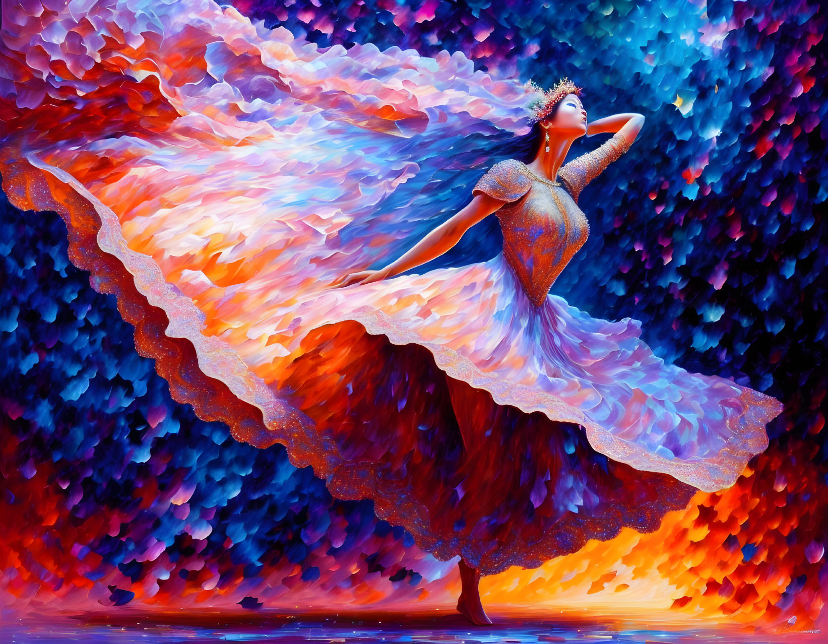 Vibrant painting of graceful dancer in flowing dress