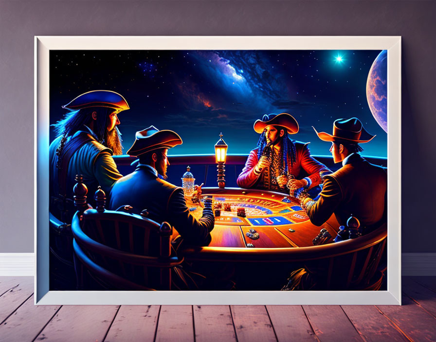 Four cowboys playing poker under starry sky in vibrant colors