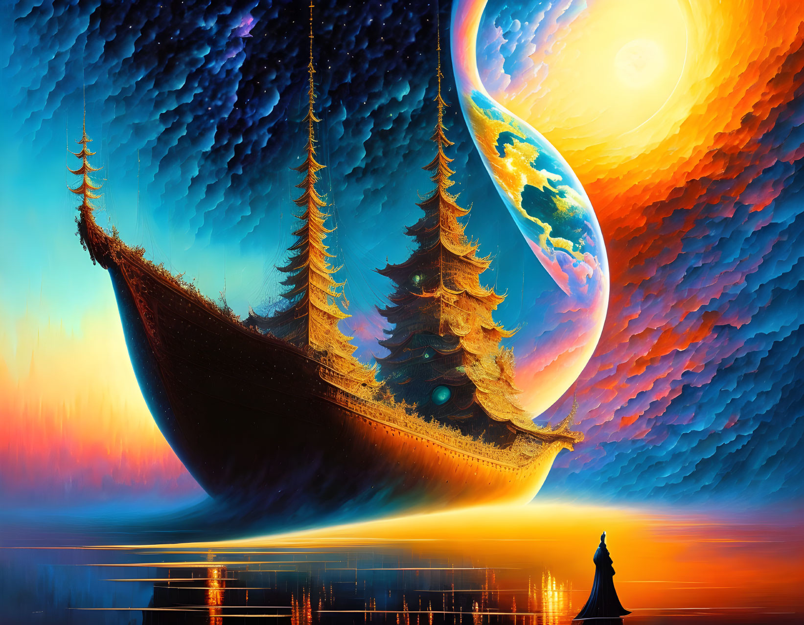 Surreal artwork: ship sailing through sky with planets, figure, vivid backdrop