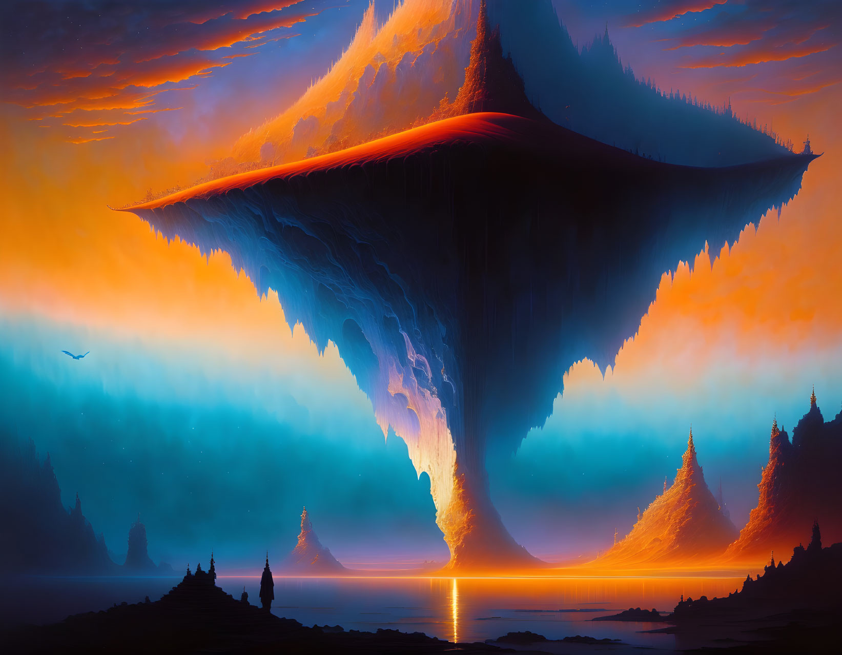 Enormous inverted peak mountain in surreal landscape under fiery sky