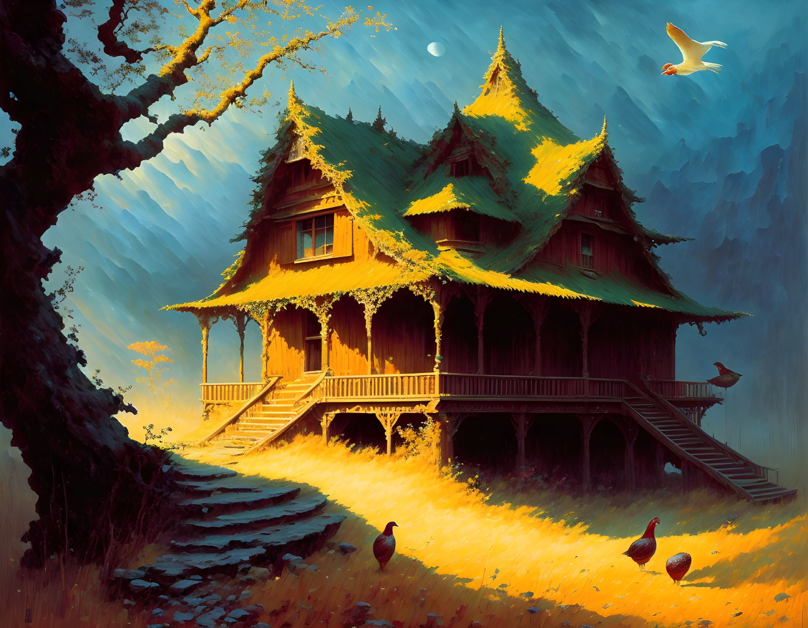 Traditional house in golden field with birds, twilight sky, and tree branch