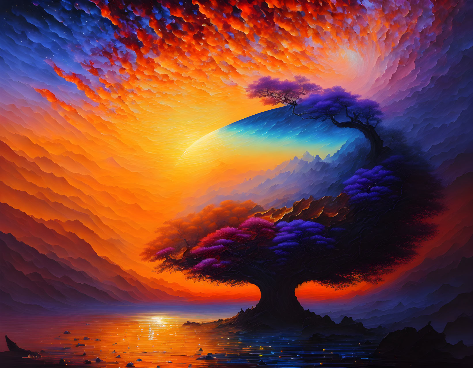 Surreal landscape painting: solitary tree, vibrant foliage, fiery sky, reflective water, crescent