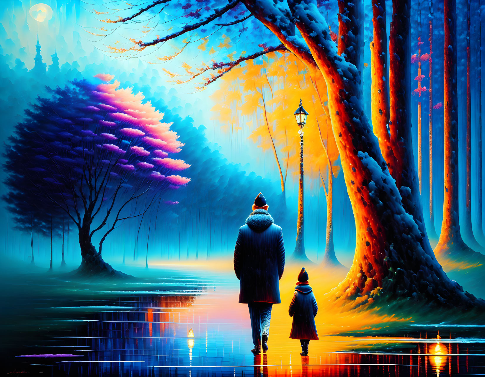 Adult and child in winter clothing on colorful pathway under twilight sky