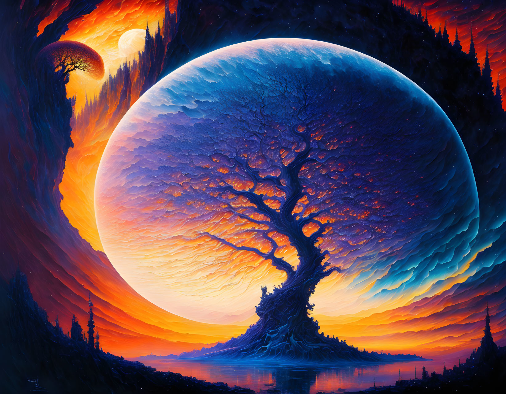 Surreal artwork: Large tree against celestial body in fiery sky