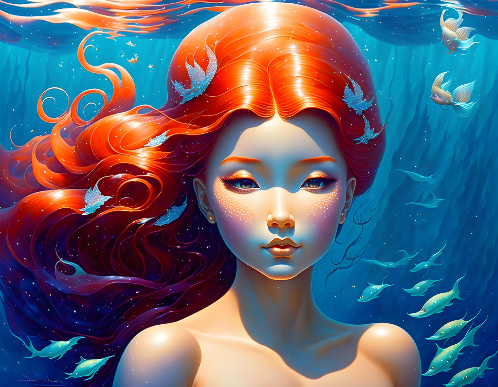 Colorful Mermaid Illustration with Red Hair and Pearls in Blue Underwater Scene