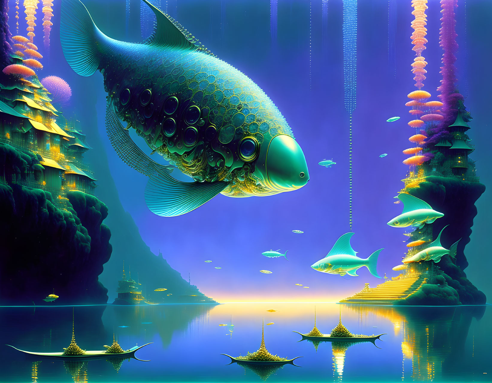 Colorful surreal underwater scene with stylized fish and boats on tranquil sea