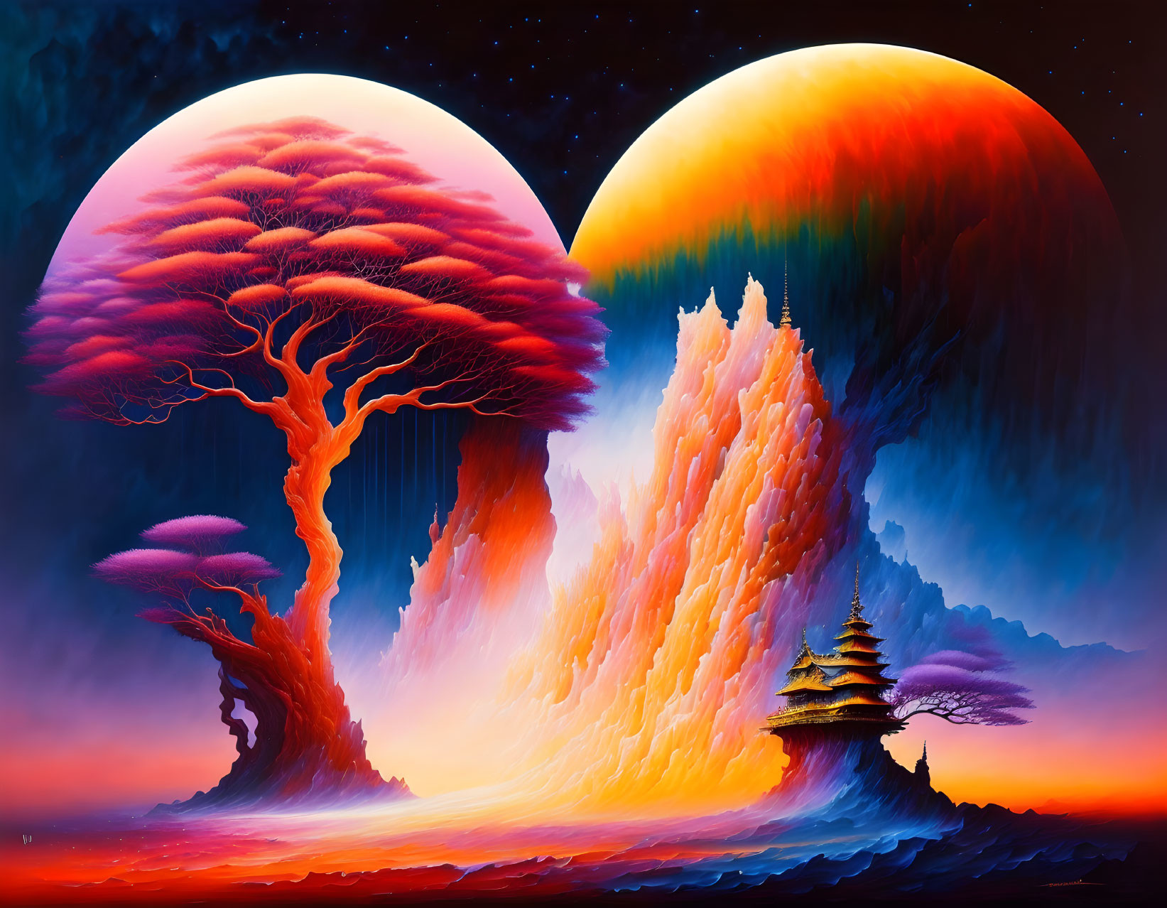 Fantasy landscape with giant tree, waterfall, pagoda, and surreal sky