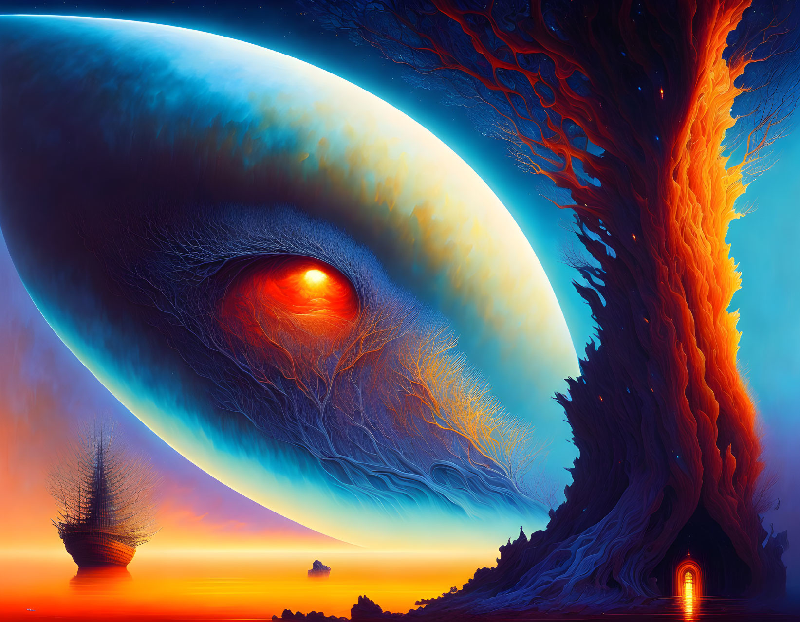 Vibrant surreal landscape with giant eye-shaped planet, fiery tree, ship, blue sea.