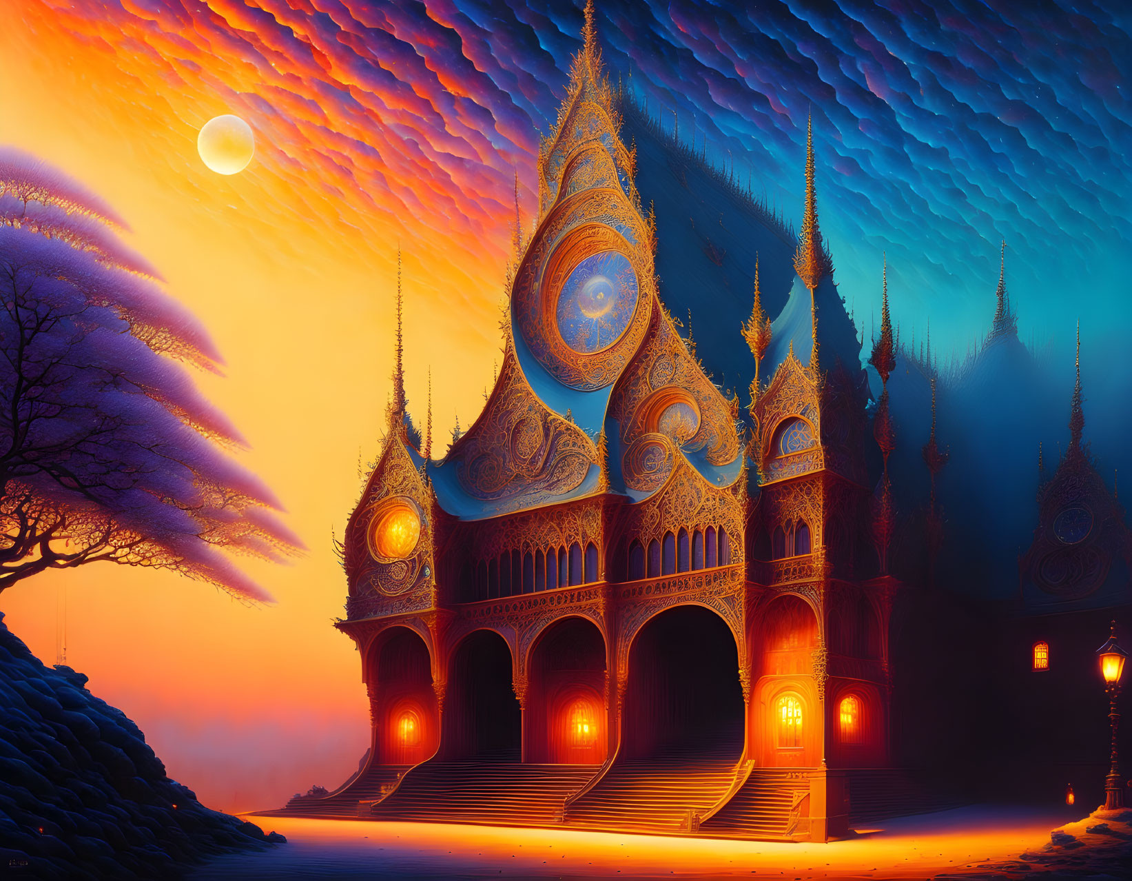 Fantastical castle with ornate spires at sunset under glowing moon