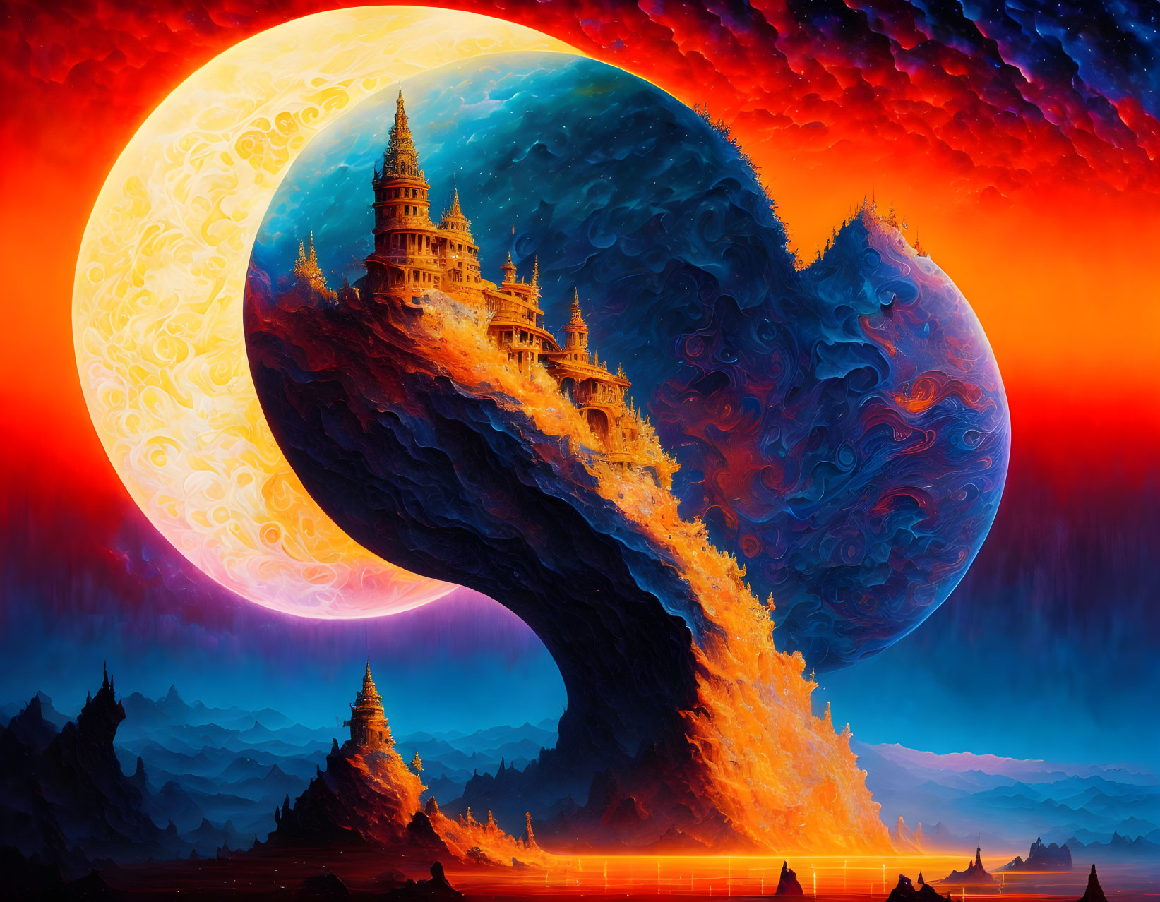 Fantastical digital art: Yin-yang symbol, whimsical castles, fiery oceanic landscape