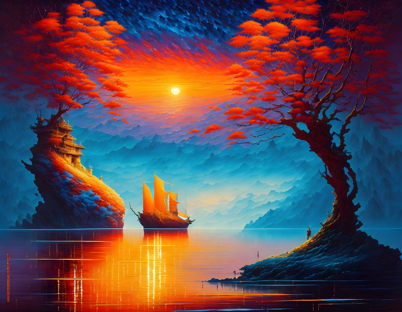 Surreal landscape digital artwork: fiery orange foliage, sailing ship, tranquil sunset sky