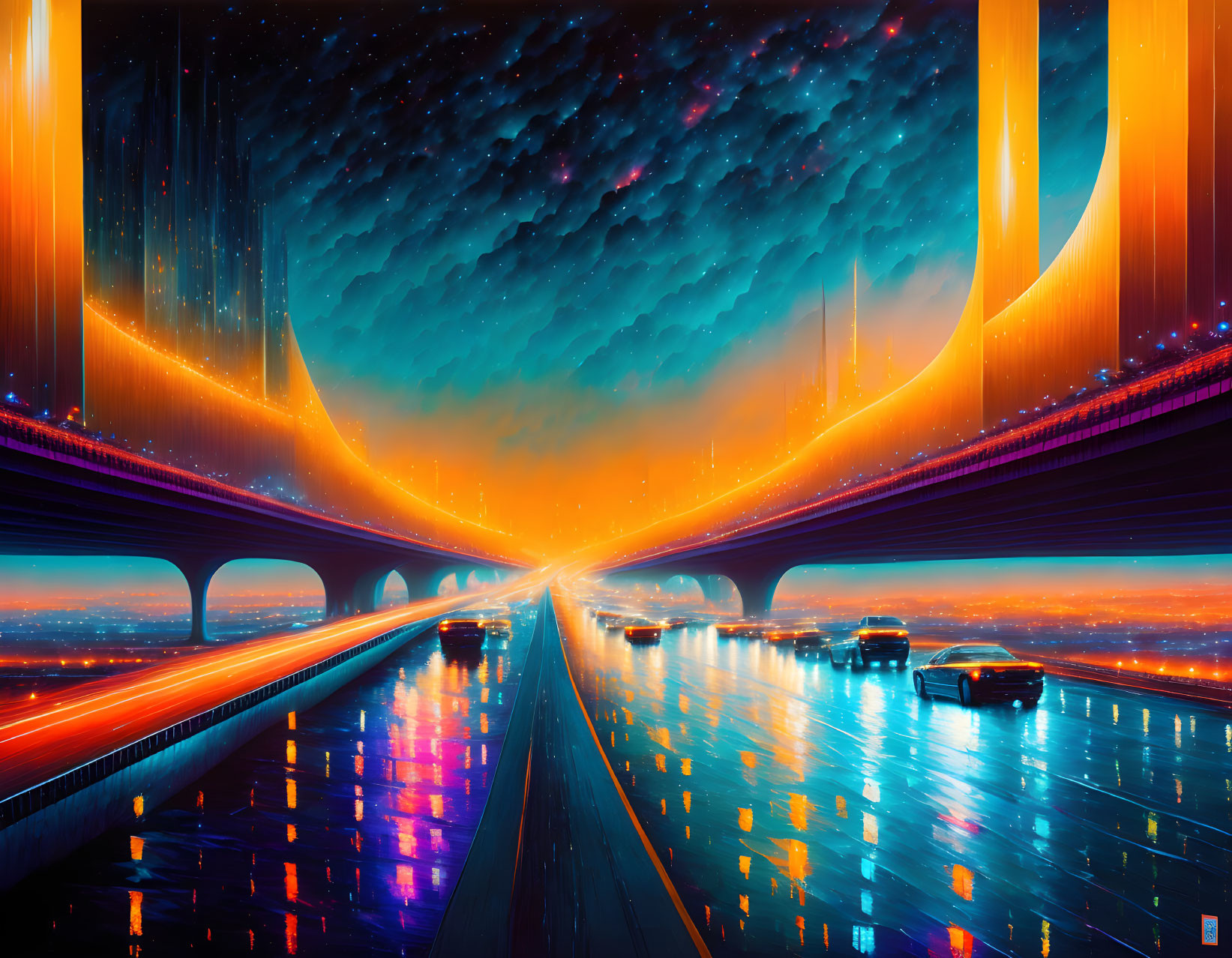 Colorful futuristic cityscape with glowing highways under starry sky