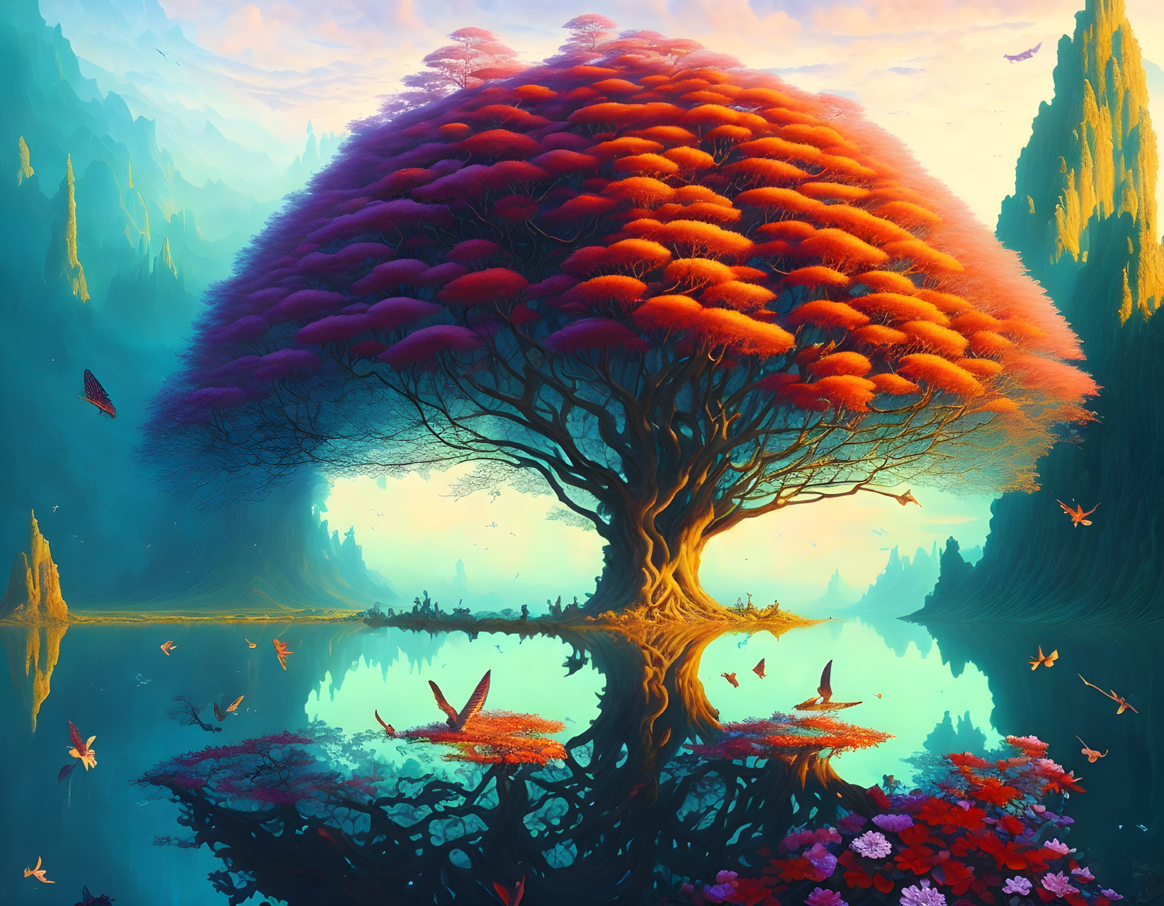 Majestic tree with red foliage in vibrant fantasy landscape