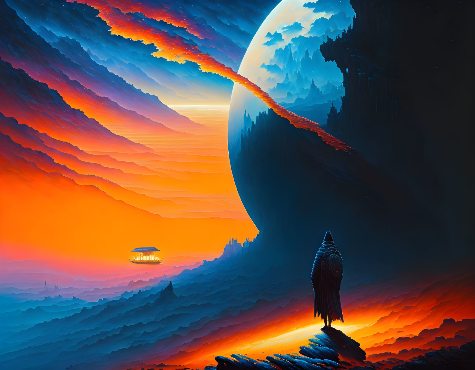 Alien in vibrant sci-fi landscape with rising planet, swirling clouds, spaceship under sunset sky