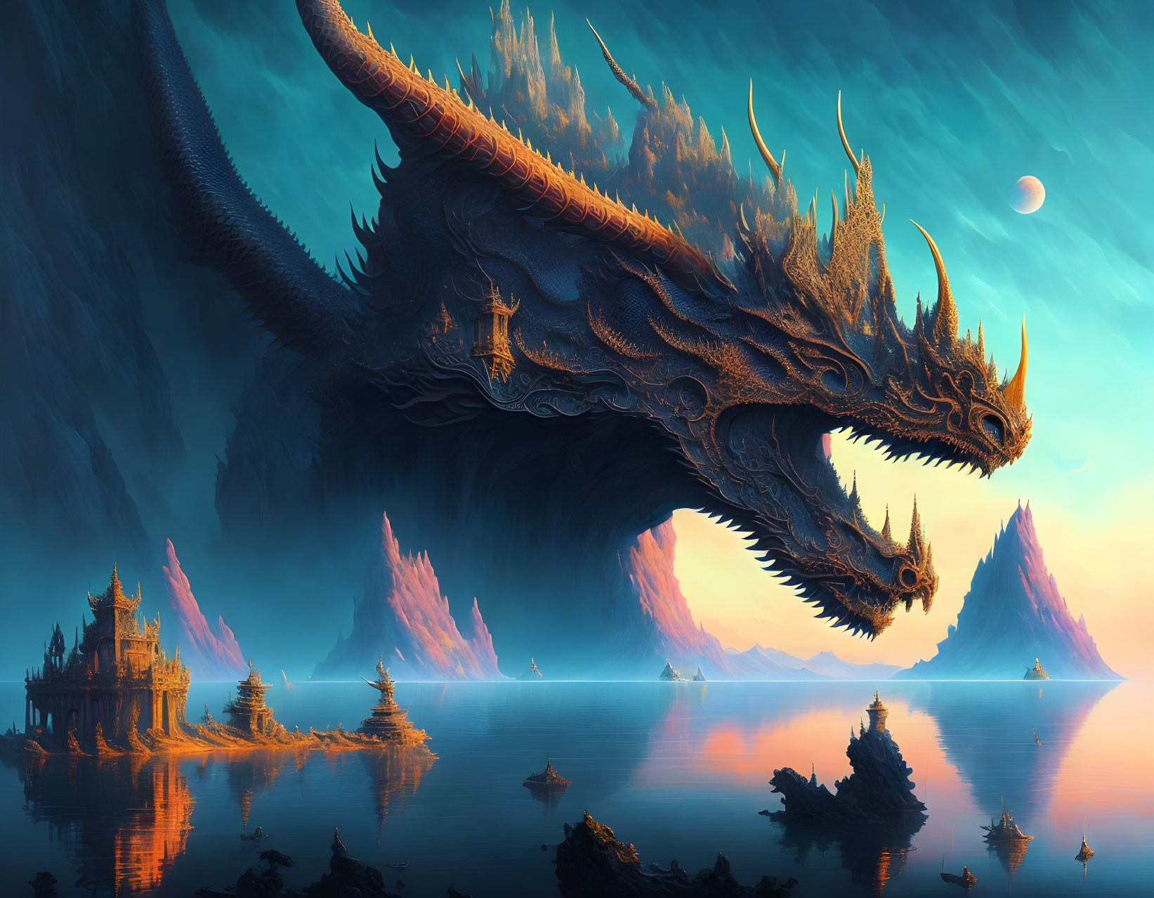 Majestic dragon flying over serene sea with mountains, buildings, boats, and moon