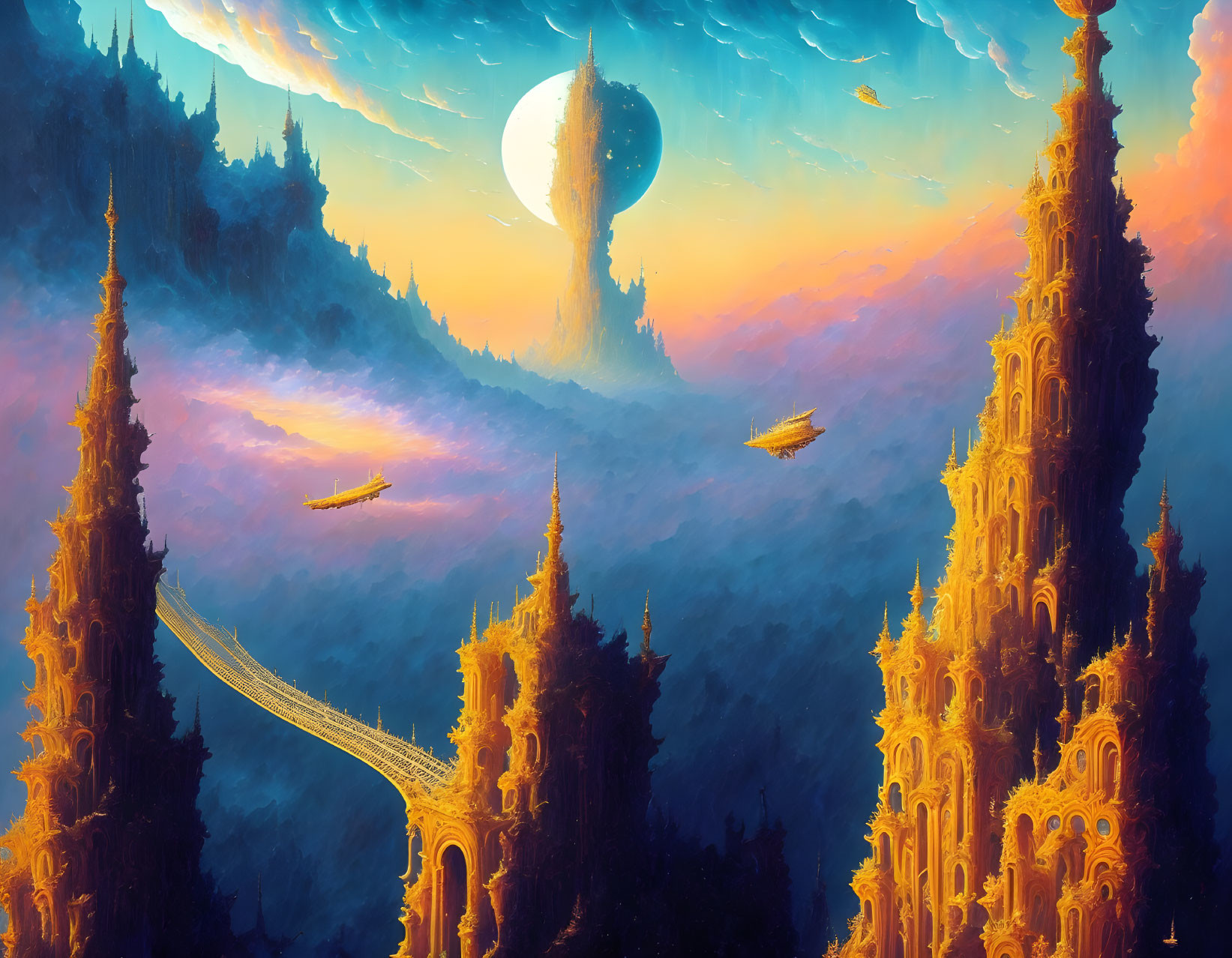 Fantastical landscape with golden spires, flying ships, bridge, forests, and moon