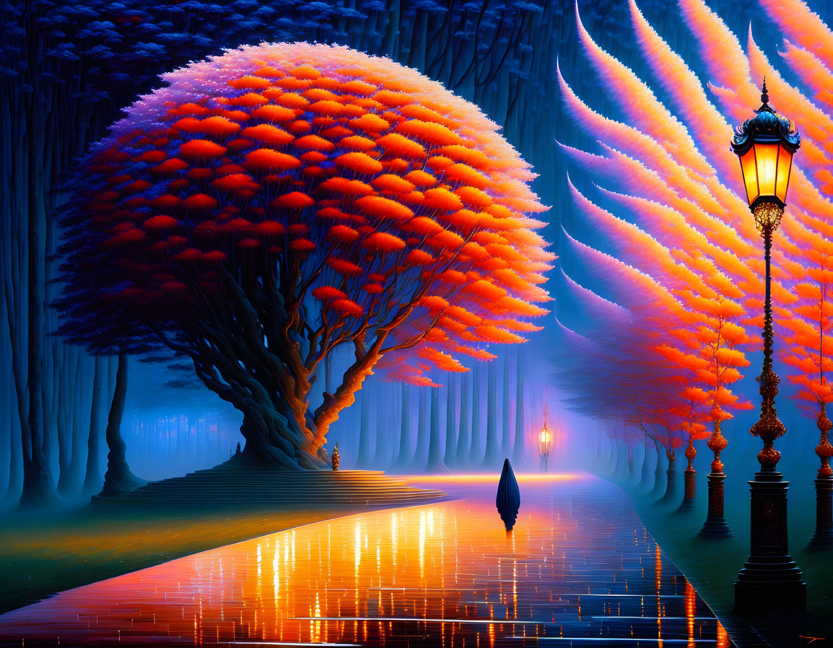 Digital artwork: Vibrant illuminated pathway with street lamps, fiery orange tree, and solitary figure.