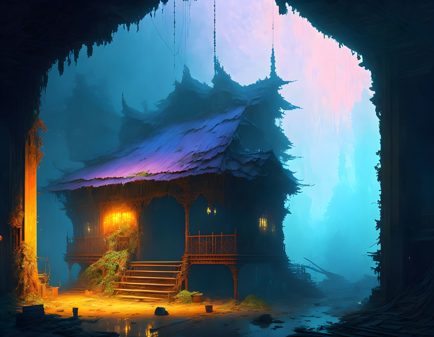 Ethereal cave with mystical Asian-style pagoda and surreal backgrounds